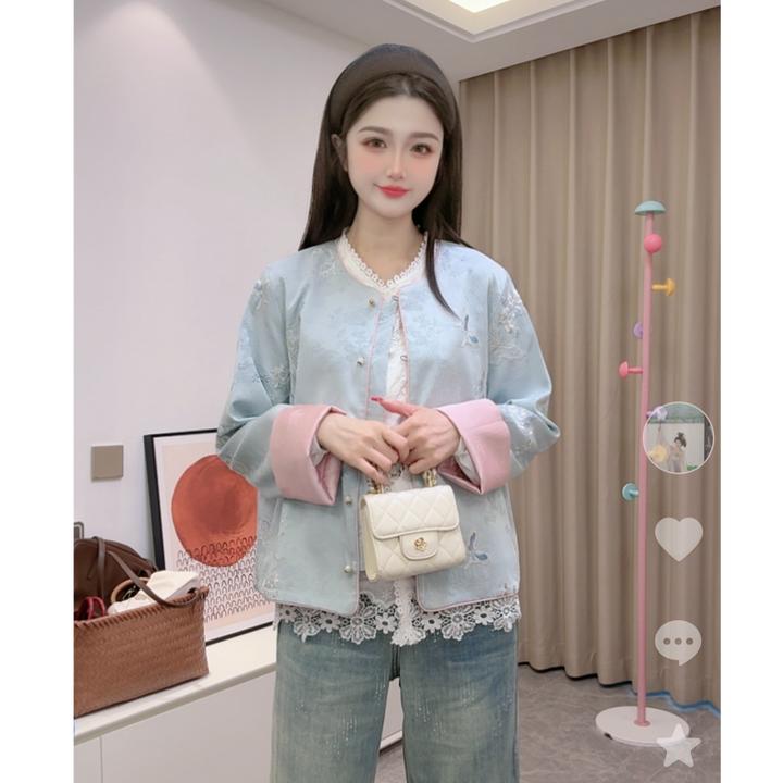 【蝶韵】双面双穿春季新中式上衣宽松国风绣花圆领女装气质外套