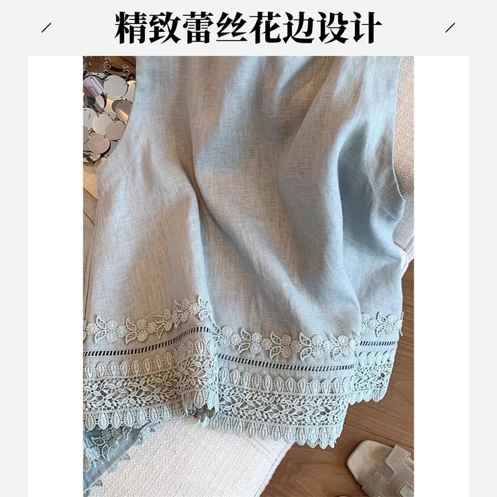 新中式白色花边刺绣亚麻背心套装女夏2025新款简约休闲短裤两件套
