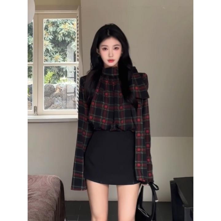 设计感小众格子飘带长袖衬衫女高腰气质包臀短裙两件套