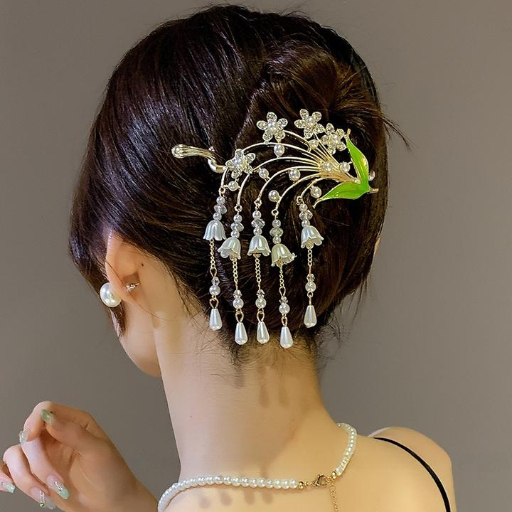 女款铃兰花流苏盘发夹2025新款扭扭一字夹珠珠后脑勺抓夹头饰原创