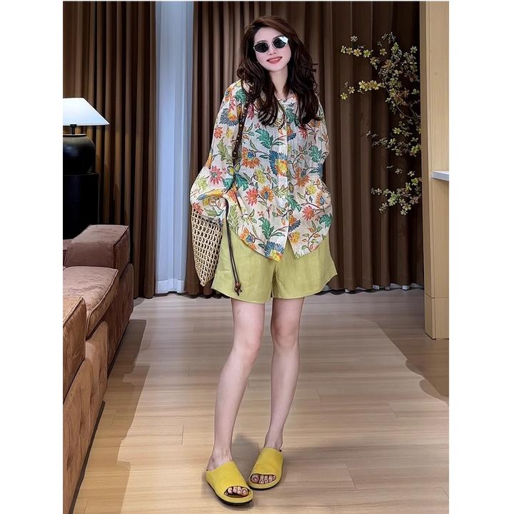 欧货罗马假日风天丝衬衫亚麻短裤套装女2025夏款穿搭一整套两件套