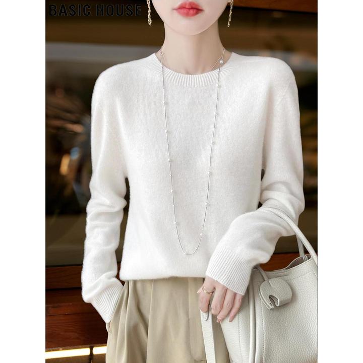 Basic House/百家好白色100%羊毛圆领针织衫女2025秋冬打底衫毛衣