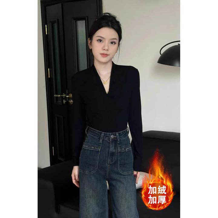 欧货黑色V领长袖打底衫女内搭新款秋冬德绒加厚保暖修身气质上衣