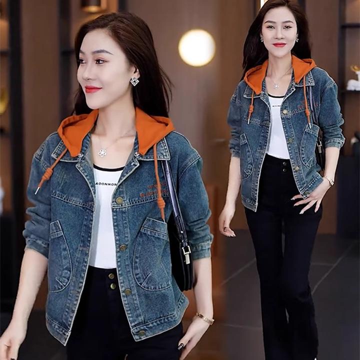 2024短款牛仔外套女春秋新款小个子宽松显瘦休闲百搭连帽夹克上衣