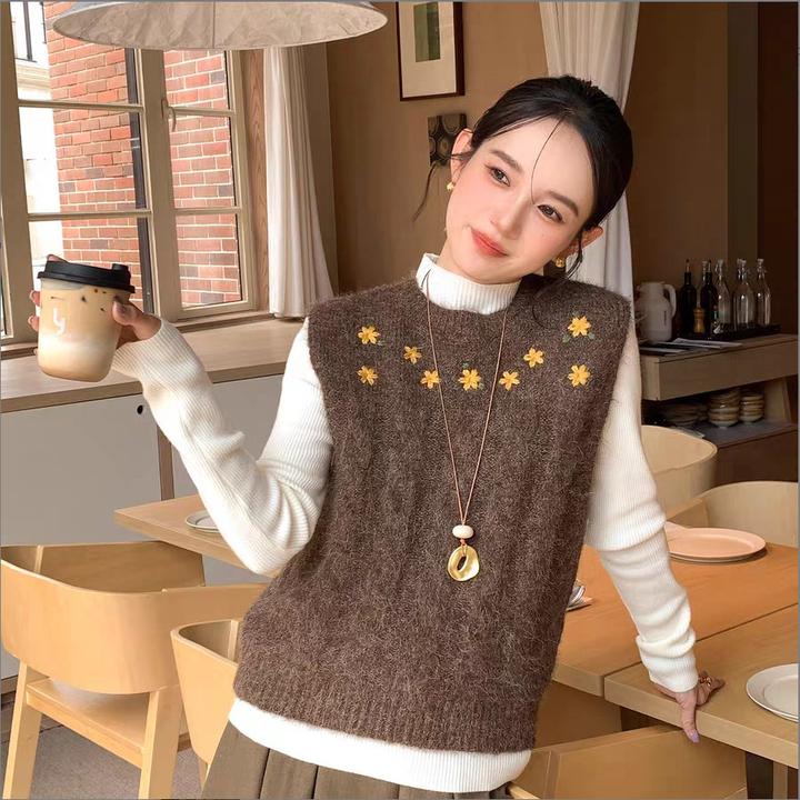 【单马甲】超软糯秋冬新款毛绒感复古小黄花刺绣针织马甲