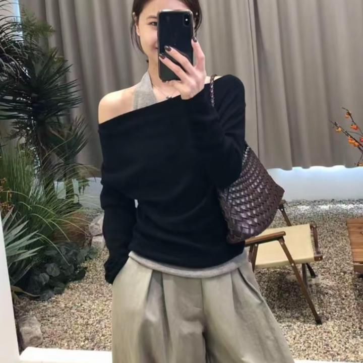 法式松弛感斜肩假两件挂脖长袖针织衫女装秋季新款修身显瘦上衣