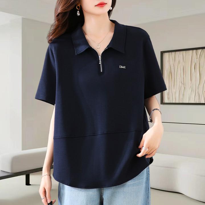 藏青色翻领短袖t恤女2025夏季新款时尚减龄宽松显瘦休闲百搭上衣