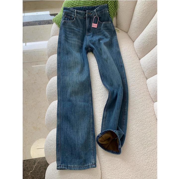 拉夏贝尔百搭牛仔裤加绒加厚2025炸街潮款裤子女小个子窄版直筒裤