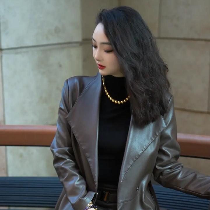 【工厂绵羊皮现货-加棉】海宁皮衣女长款显瘦韩版气质秋季风衣外套