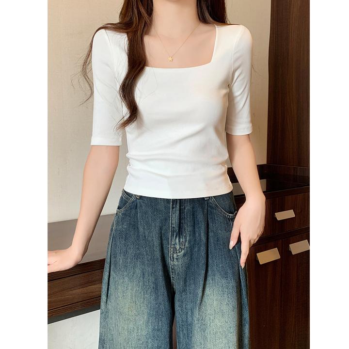白色纯棉方领中袖打底衫女2025新款春秋内搭修身五七分袖上衣t恤
