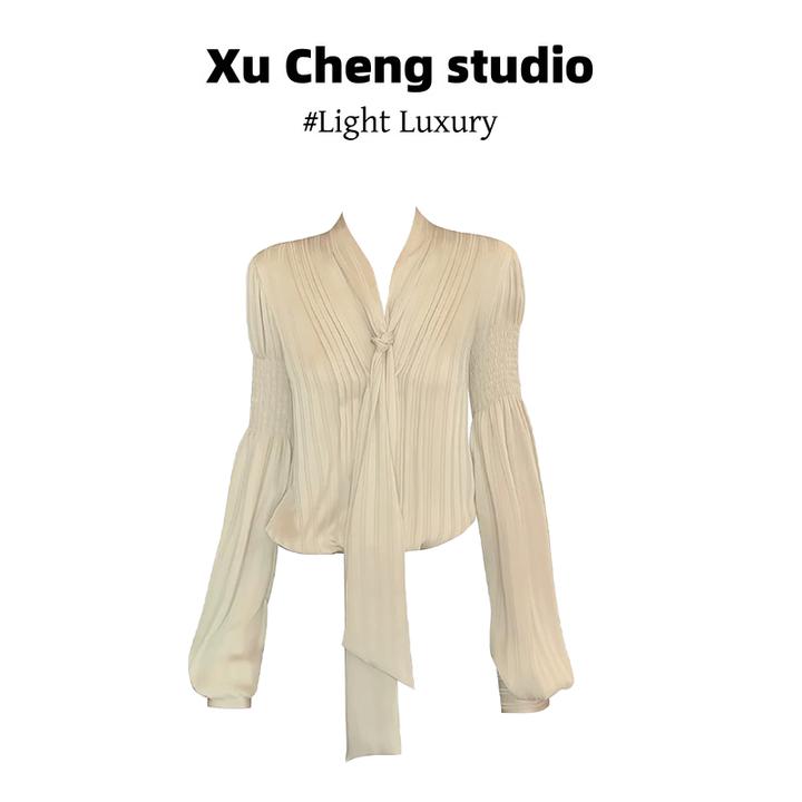 Xu Cheng高级感捏褶长袖衬衫女洋气休闲通勤小众宽松显瘦百搭上衣