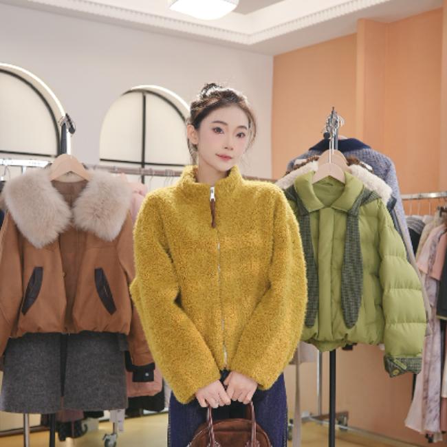 2025冬新款韩版时尚高级感慵懒百搭长袖拉链立领短款毛毛外套5125