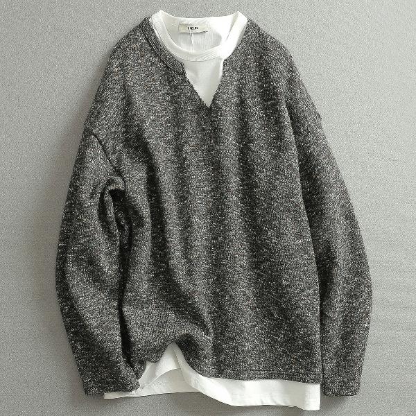 【见川】秋上新 「美式复古风」修身版型V领长袖T恤 痞帅慵懒风男装