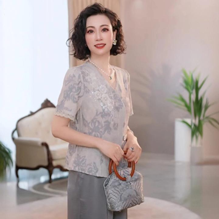 中年妈妈夏装休闲套装2025新款时尚洋气中老年女装夏季短袖两件套