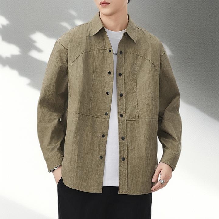 轻奢高档美式潮流长袖衬衫男秋季新款山系复古多口袋宽松衬衣外套