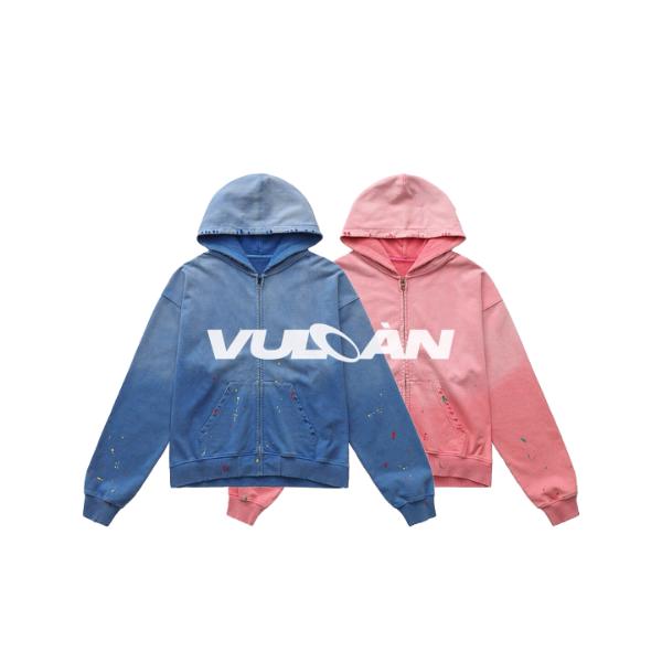 VULCAN喷墨水洗做旧纯色连帽卫衣男刺绣休闲宽松拉链外套秋季新款