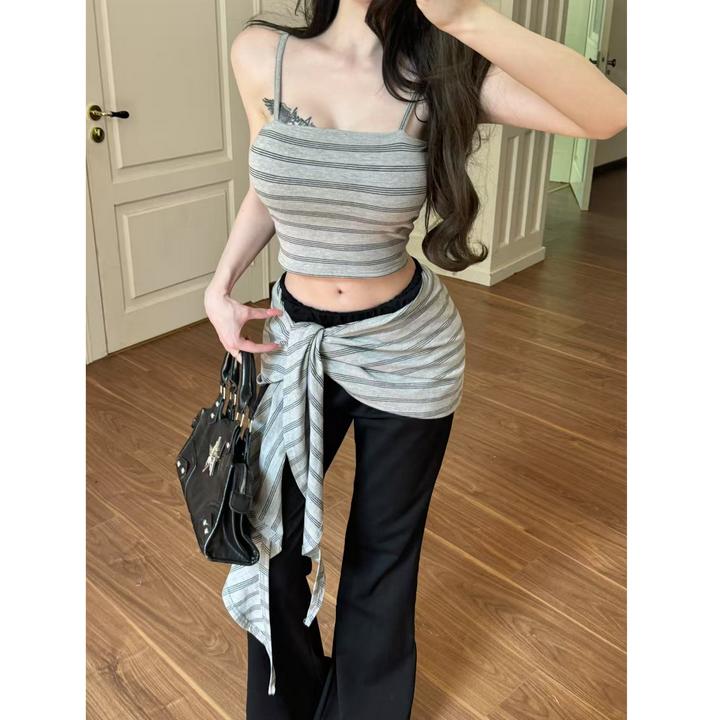 美式辣妹2025夏季条纹吊带抹胸背心高腰显瘦微喇叭裤绑带两件套女