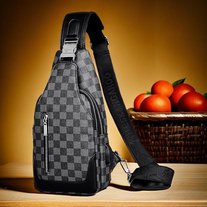 格纹时尚男士胸包潮流韩版斜挎包休闲背包大容量男包多功能胸前包
