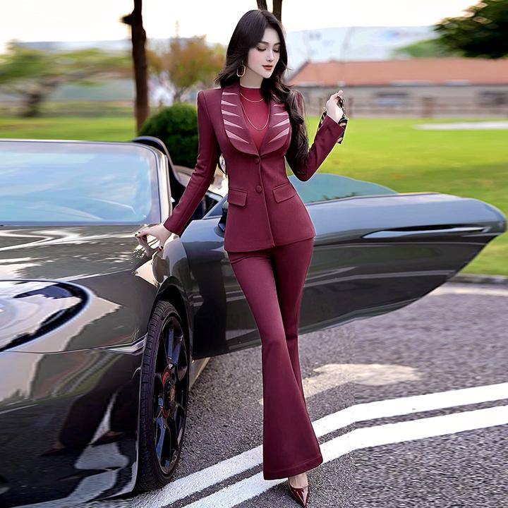 VJE深秋入冬酒红色拼接小西装长裤两件套新款通勤OL西服套装