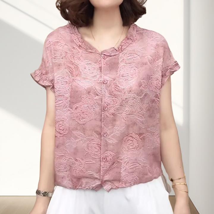 夏季新款文艺温柔风玫瑰印花短袖木耳边T恤洋气下摆抽绳圆领上衣