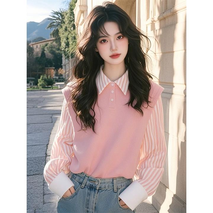 法式百搭粉色条纹拼接衬衫女春季新款高级感休闲宽松洋气拼接上衣