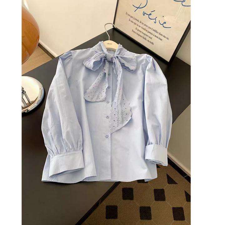 减龄气质白色蕾丝花边甜美蝴蝶结衬衫女春法式学院风百搭上衣