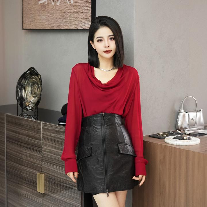 POPULARYW【镜花辞】Z·R上品屋 轻奢风设计感纯色荡领长袖衬衫上衣