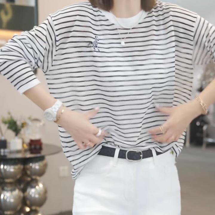 设计感撞色条纹防晒长袖针织衫2025春季新款时尚休闲气质圆领上衣