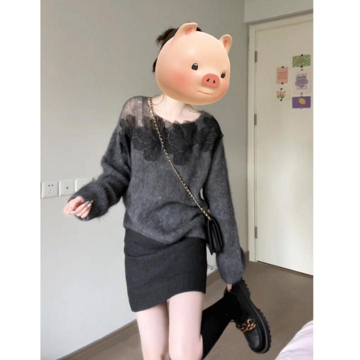 高级毛衣气质休闲长袖法式圆领蕾丝花朵针织衫搭高腰包臀半身裙女