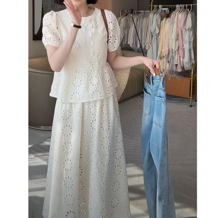 欧若风韩系太阳花套装女泡泡袖镂空花边上衣高腰半身裙两件套