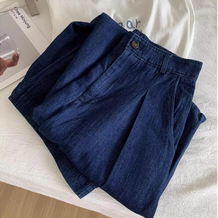 夏季新款女梨型身材遮肉显瘦阔腿奶奶裤日系复古深蓝色九分牛仔裤