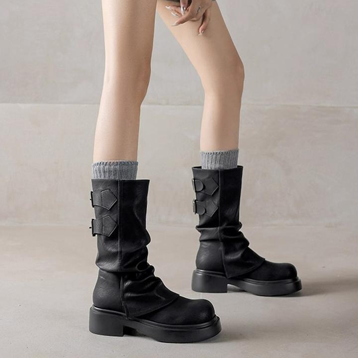 洛可可~美拉德复古中筒马丁靴女英伦风2025新款褶皱堆堆厚底短靴