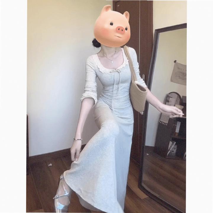 莲叶法式气质收腰显瘦长袖连衣裙子女新款早秋装冷淡系超好看长裙