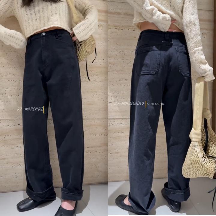 景倩妮藏青色设计感窄版牛仔裤2025年春季新款高腰显瘦宽松阔腿裤