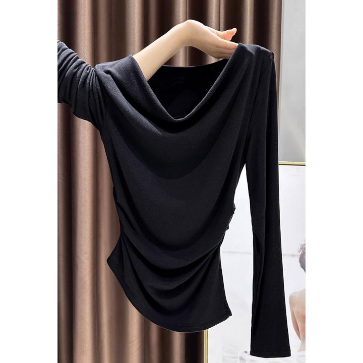 螺纹白色荡领一字肩长袖打底衫女内搭新款秋季显瘦修身设计感上衣