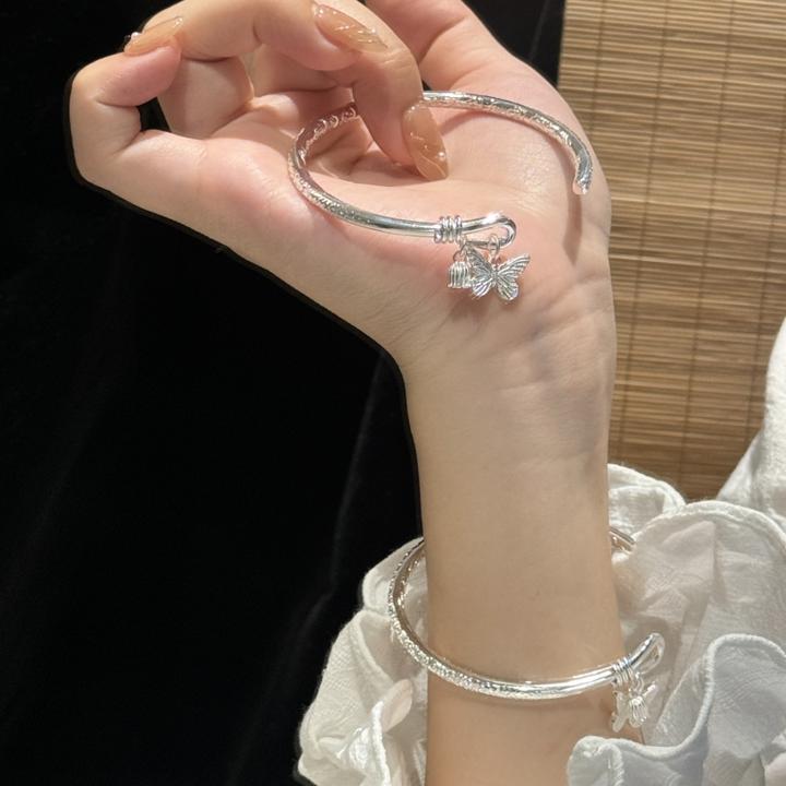 9999银镯子蝴蝶铃兰花吊坠银手镯七夕节送女朋友简约百搭