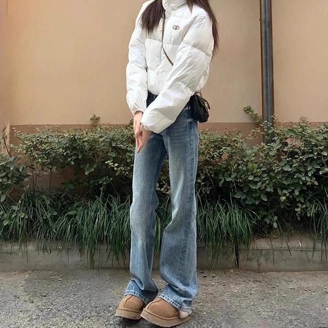 拉夏贝尔复古蓝直筒牛仔裤女2025新款网红爆款高腰窄版拖地阔腿裤