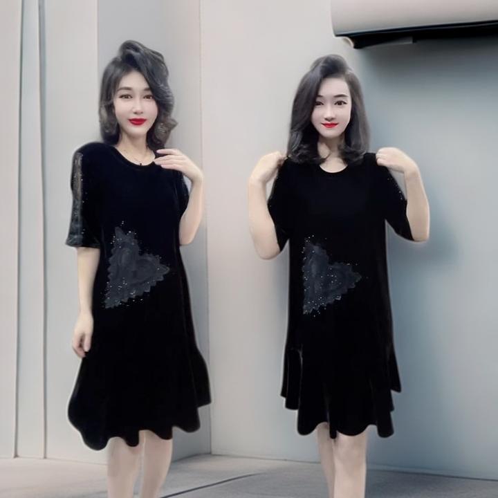 丝绒五分袖连衣裙2025夏秋新款宽松显瘦烫钻蕾丝美背设计款鱼尾裙