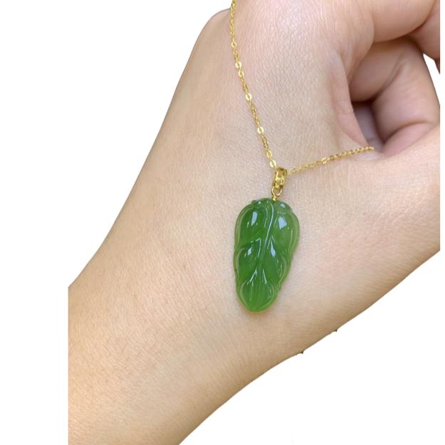 铖钰和田碧玉吊坠花扣绿树叶深女款时尚精美镶嵌精工雕刻优雅