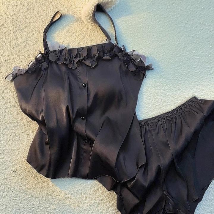 软妹甜美可爱花边吊带睡衣女上衣短裤夏季冰丝薄款家居服套装新款