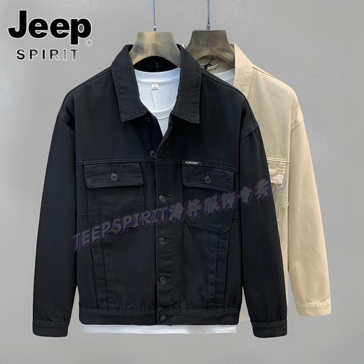 Jeep吉普春秋经典百搭潮牌短款黑色牛仔外套男士韩版工装休闲夹克