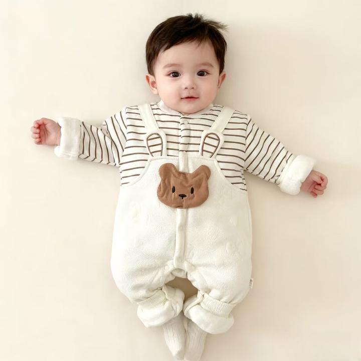 MR冬款条纹小熊棉哈衣婴幼儿卡通男女宝压花可爱哈服外出服连体衣