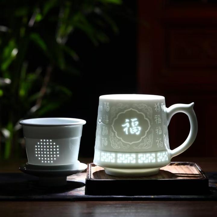 景德镇影青浮雕陶瓷茶杯财富美满办公杯茶水分离个人专用泡茶送礼