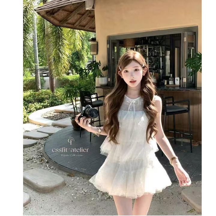 【西西里岛杏仁】法式气高级感网纱无袖上衣女搭配高腰蓬蓬裙套装潮