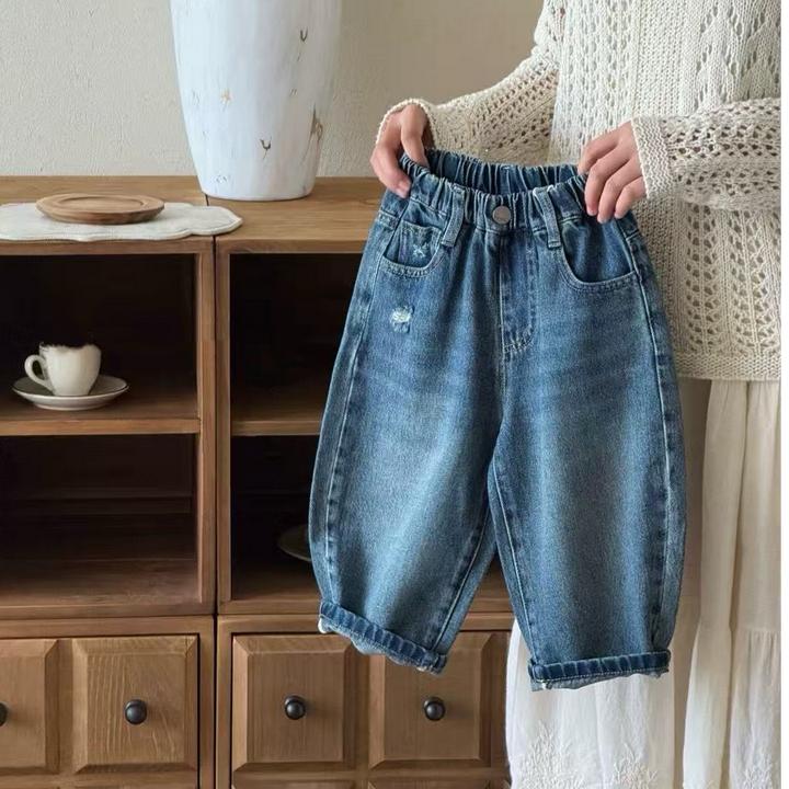 儿童秋款牛仔长裤洋气百搭软牛仔男女宝春秋款裤子时髦韩版水洗潮