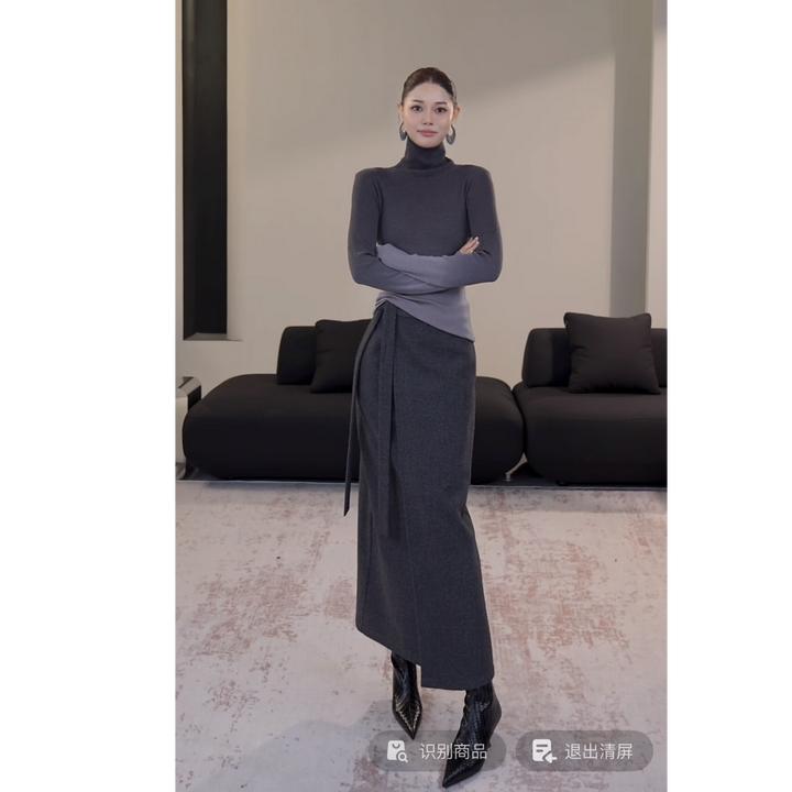 DENGDAHA「灵魂所在」简约风通勤系带开叉毛呢半身裙HBZW800198