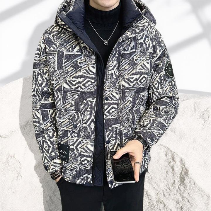 宾斯洛特羽绒服男潮牌冬季新款帅气印花加厚保暖连帽外套男冬装潮