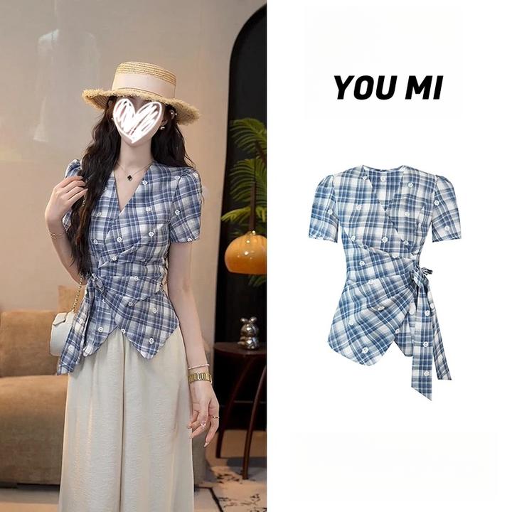 【雾蓝海岸】夏季复古小众设计感时尚小众蓝色格子显瘦衬衫1347