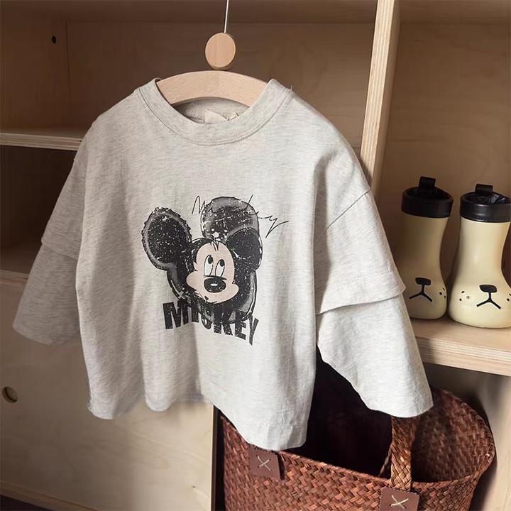 儿童秋季2025新款男童女童纯棉韩系卡通米奇印花假两件长袖T恤潮
