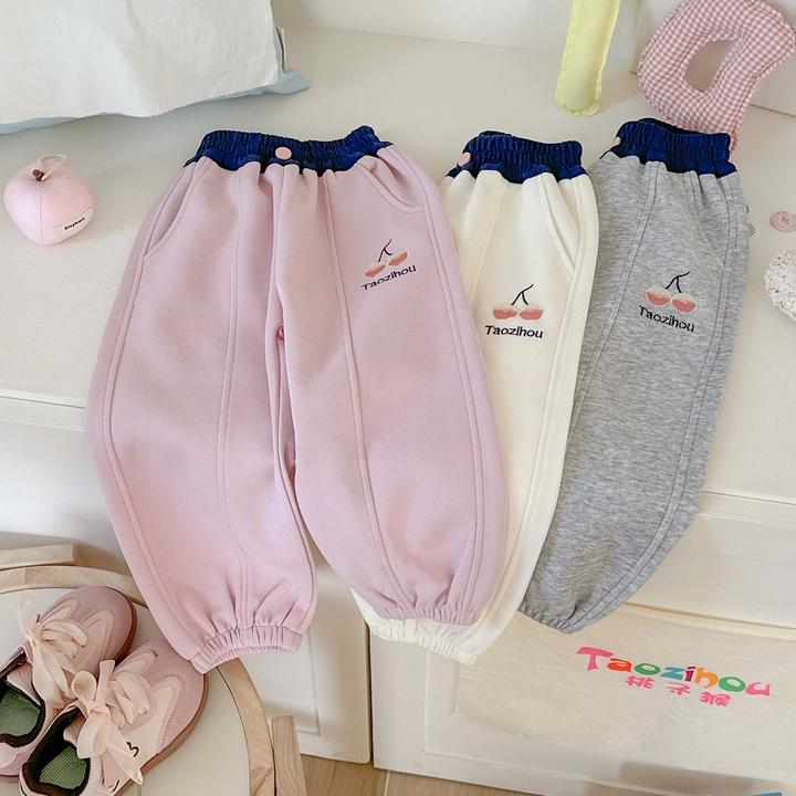 【桃子猴】2025春款樱桃刺绣撞色卫裤HC2508